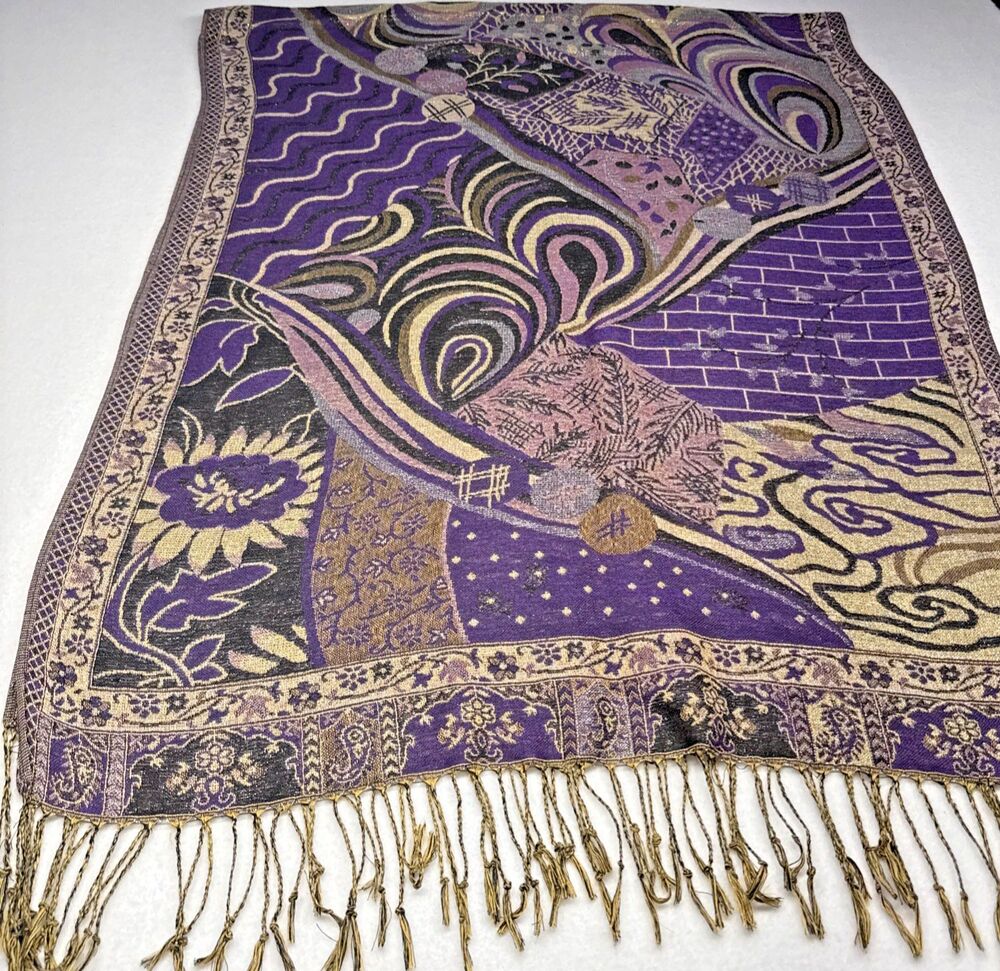 Pashmina-Style Scarf Purple Gold Wrap Paisley Boho Fringe Shawl Winter Large